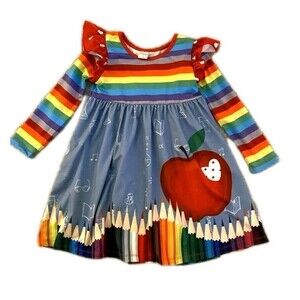 Penelope Plumm Girls Size 6 Dress Colored Pencils Apple First Day Of School